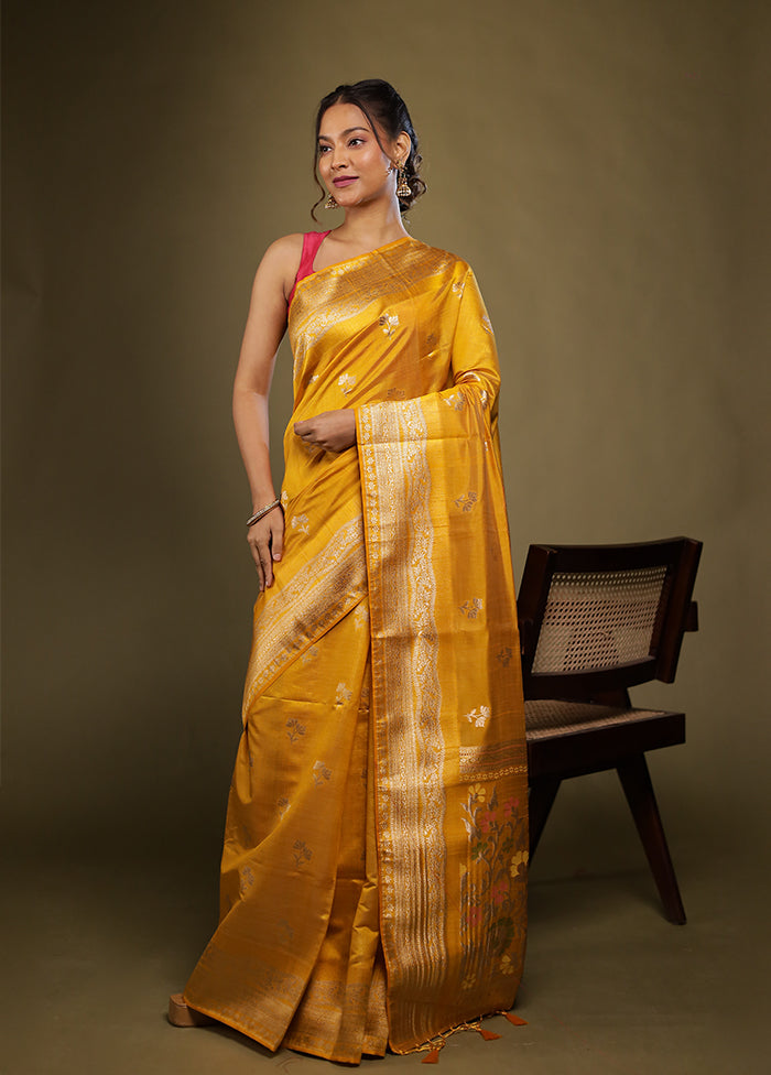 Yellow Dupion Silk Saree With Blouse Piece