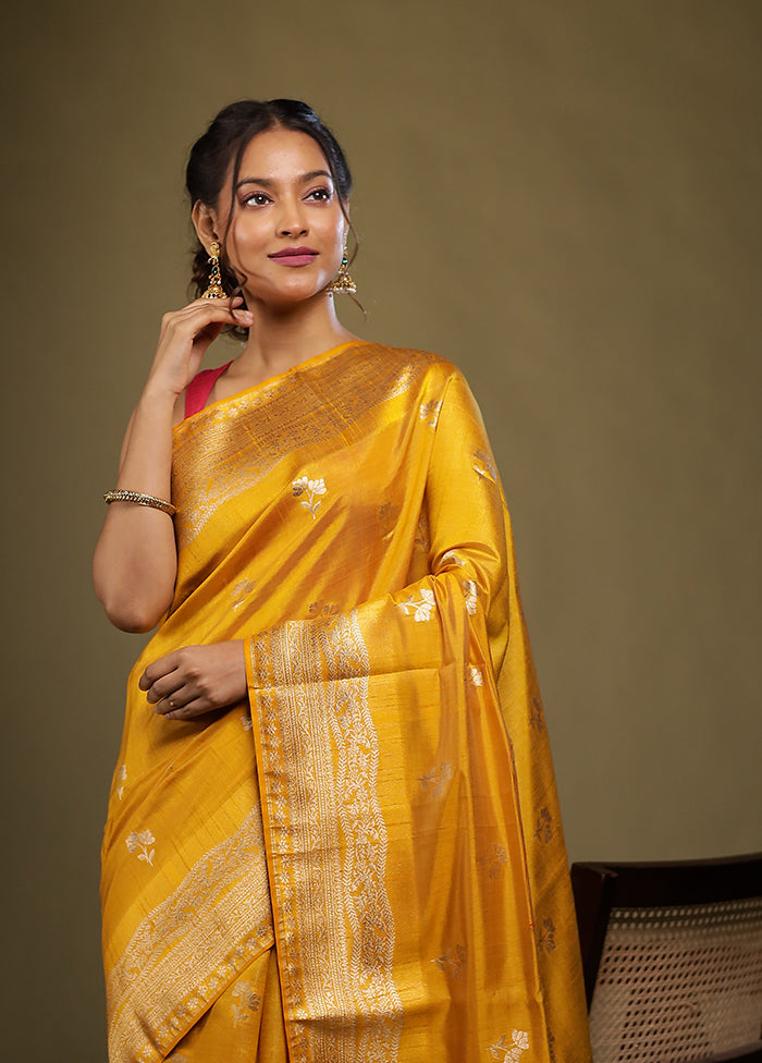 Yellow Dupion Silk Saree With Blouse Piece