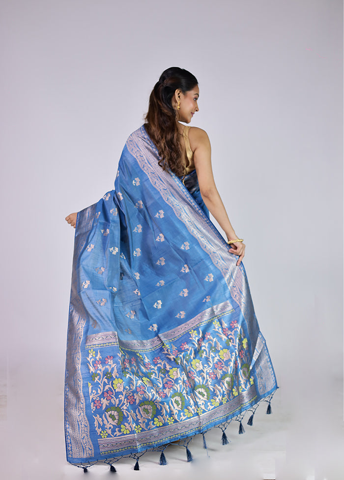 Blue Dupion Silk Saree With Blouse Piece