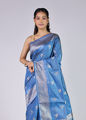 Blue Dupion Silk Saree With Blouse Piece
