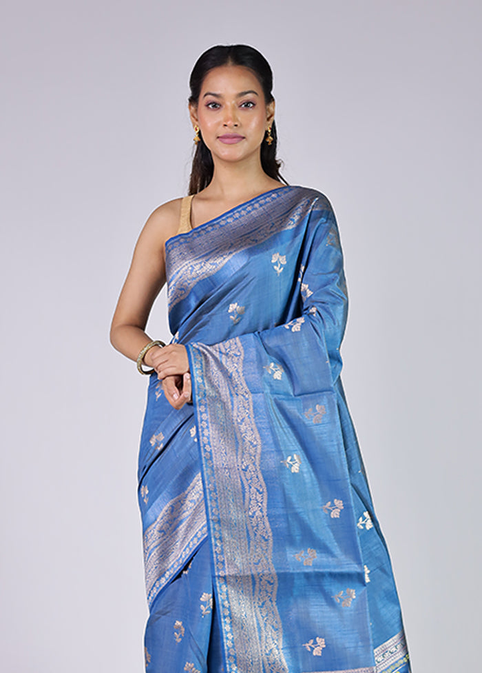 Blue Dupion Silk Saree With Blouse Piece