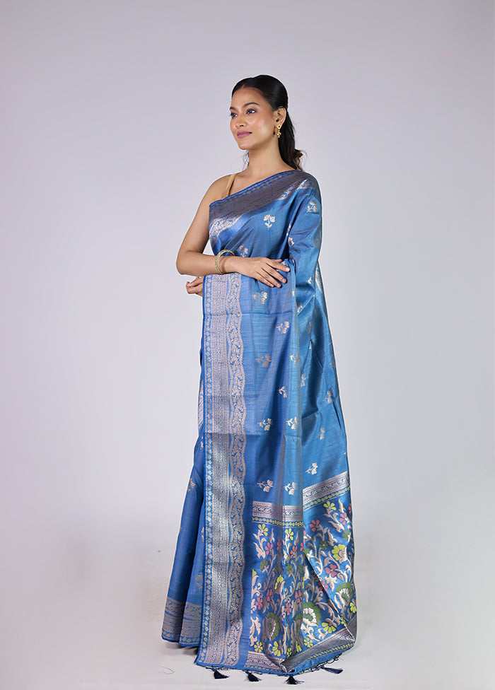 Blue Dupion Silk Saree With Blouse Piece