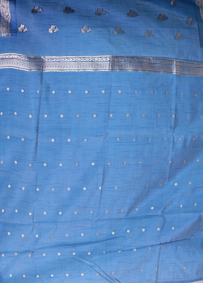 Blue Dupion Silk Saree With Blouse Piece