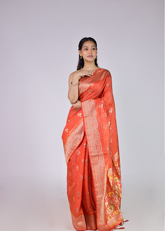 Orange Dupion Silk Saree With Blouse Piece