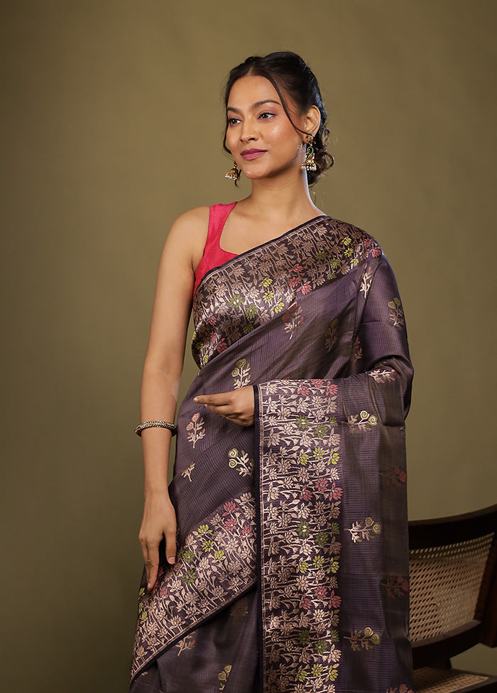 Grey Dupion Silk Saree With Blouse Piece