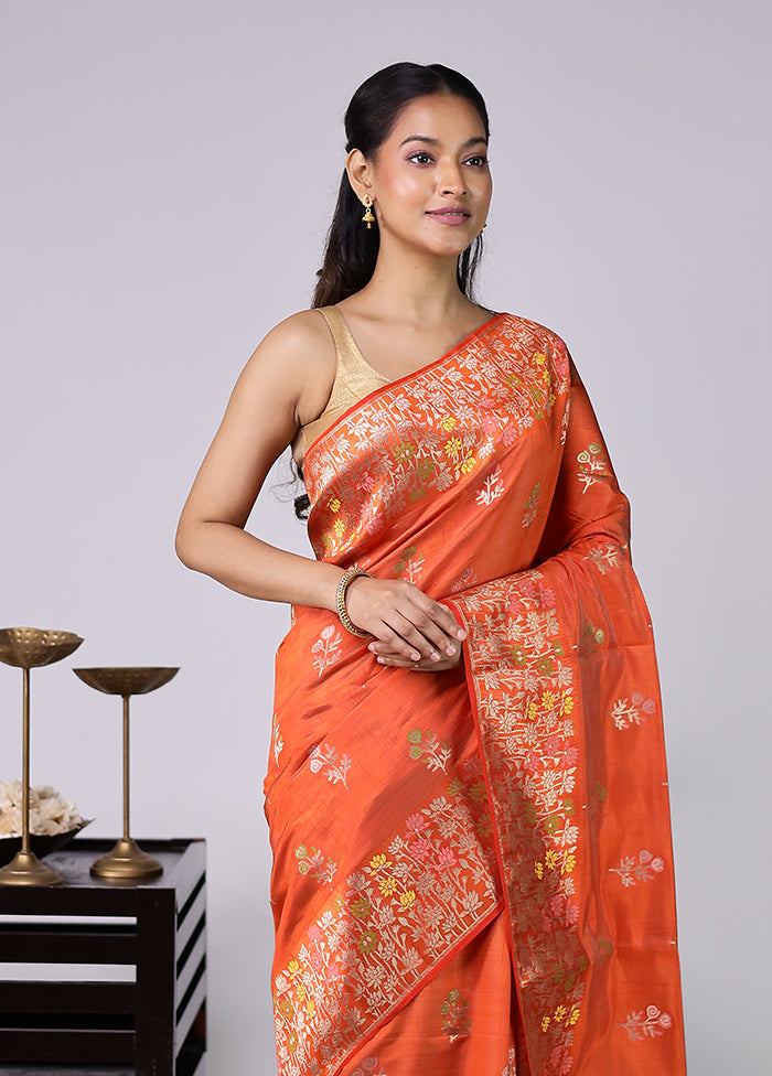 Orange Dupion Silk Saree With Blouse Piece