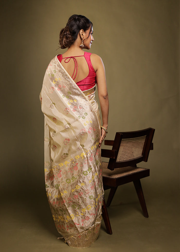 Cream Dupion Silk Saree With Blouse Piece