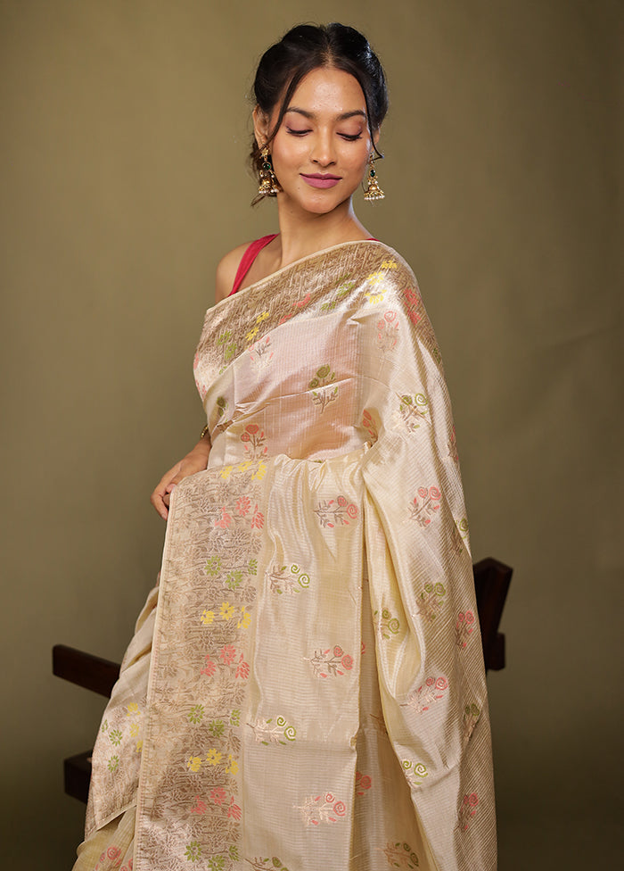 Cream Dupion Silk Saree With Blouse Piece