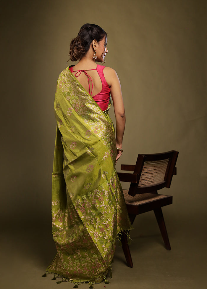 Green Dupion Silk Saree With Blouse Piece