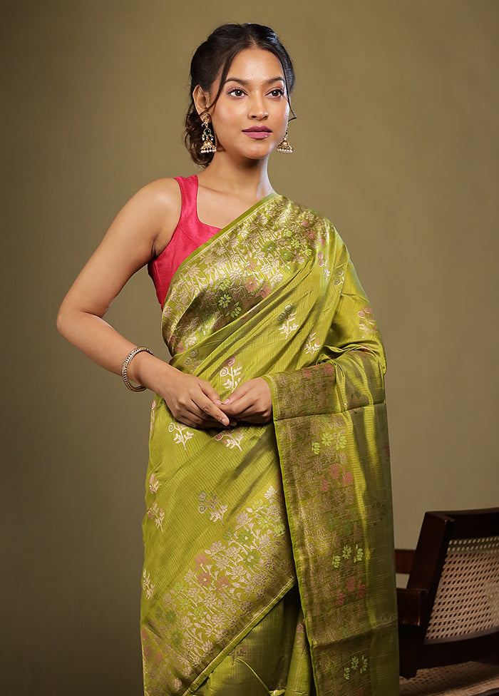 Green Dupion Silk Saree With Blouse Piece