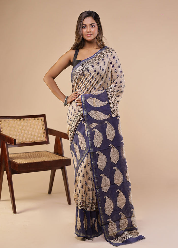 Cream Chanderi Silk Saree With Blouse Piece