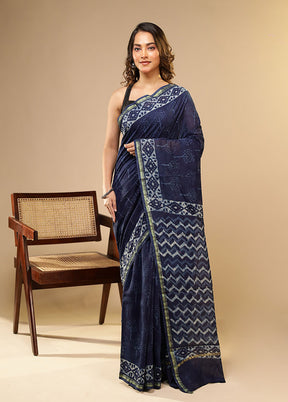 Blue Chanderi Silk Saree With Blouse Piece