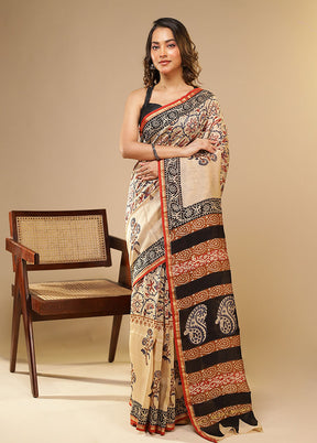 Cream Chanderi Silk Saree With Blouse Piece