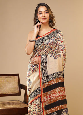 Cream Chanderi Silk Saree With Blouse Piece