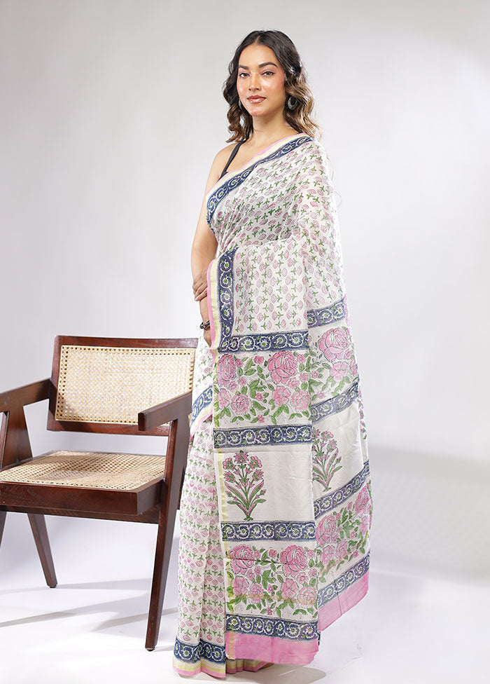 White Chanderi Silk Saree With Blouse Piece