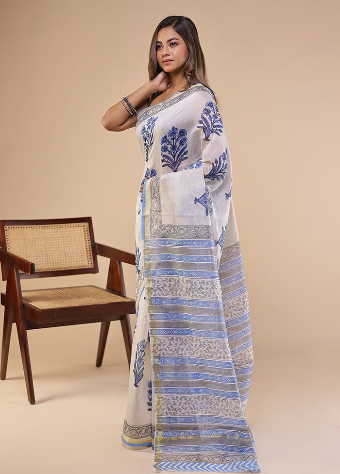 White Chanderi Silk Saree With Blouse Piece