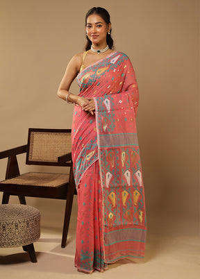 Pink Jamdani Cotton Saree Without Blouse Piece