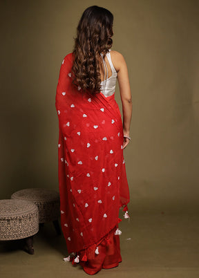 Red Mulmul Cotton Saree Without Blouse Piece