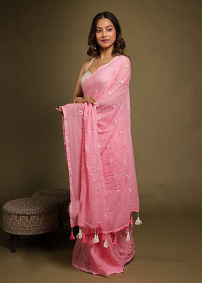 Pink Mulmul Cotton Saree Without Blouse Piece