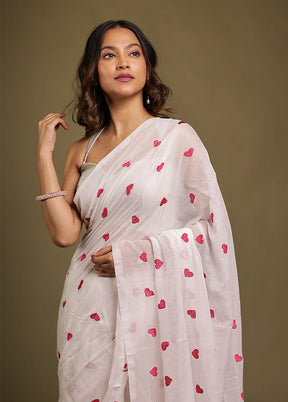 White Mulmul Cotton Saree With Blouse Piece