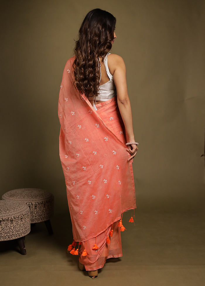 Peach Mulmul Cotton Saree Without Blouse Piece