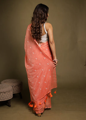 Peach Mulmul Cotton Saree Without Blouse Piece
