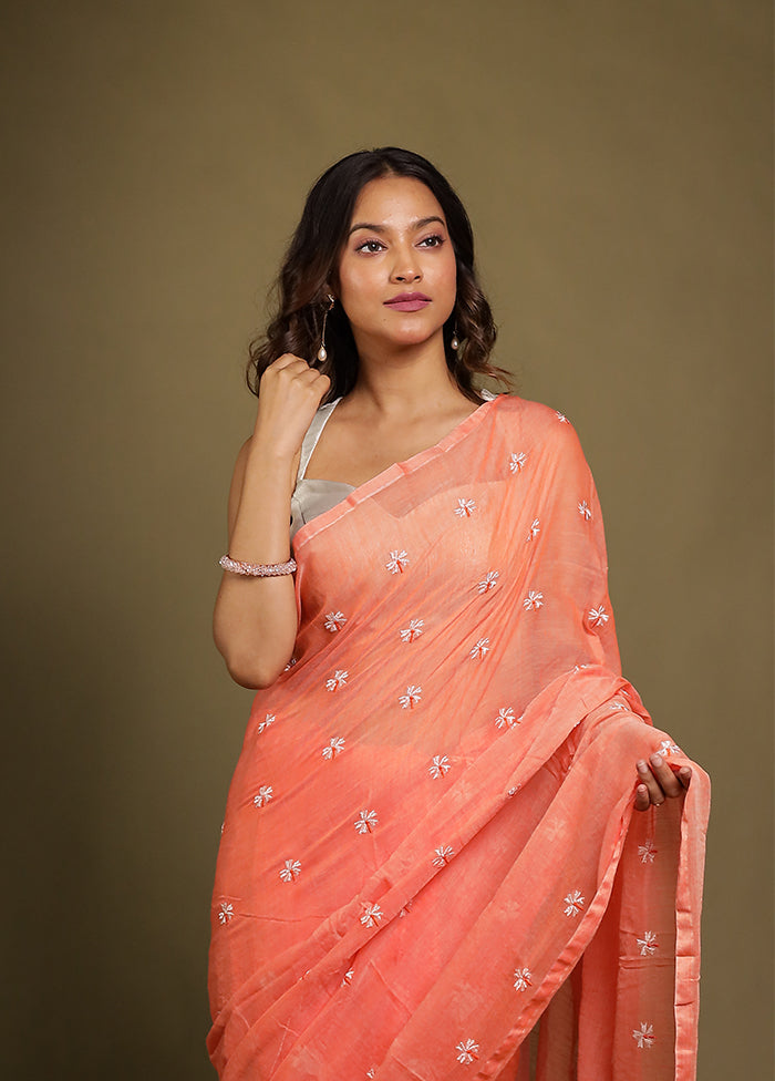 Peach Mulmul Cotton Saree Without Blouse Piece
