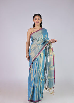 Blue Tissue Silk Saree With Blouse Piece