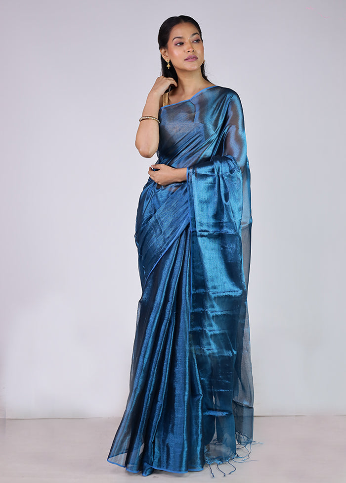 Blue Tissue Silk Saree With Blouse Piece