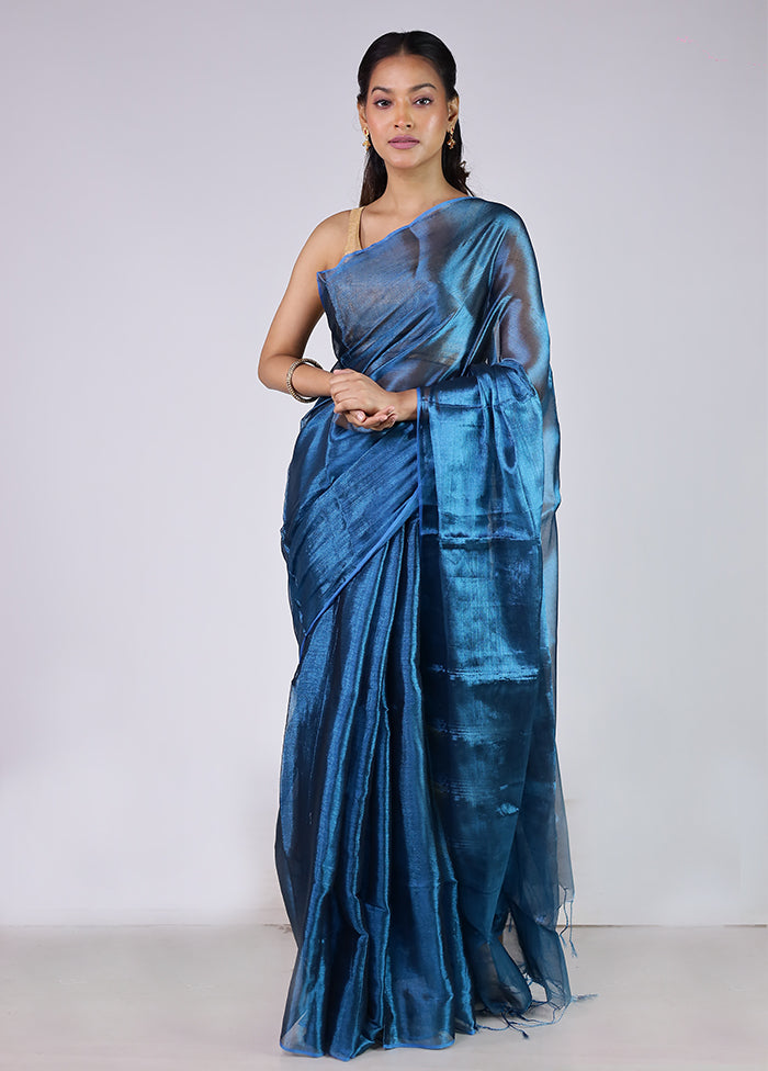 Blue Tissue Silk Saree With Blouse Piece