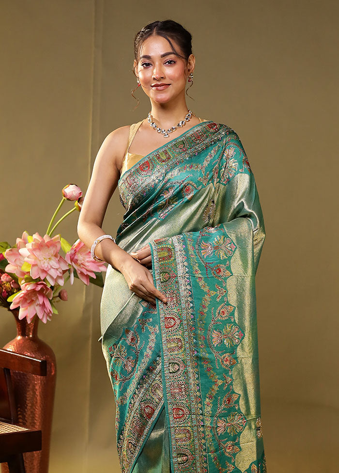 Green Handloom Pure Georgette Saree With Blouse Piece