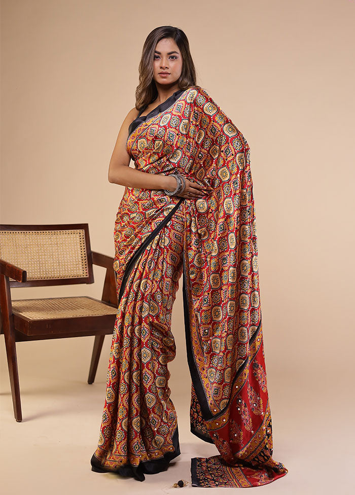 Red Printed Silk Saree Without Blouse Piece