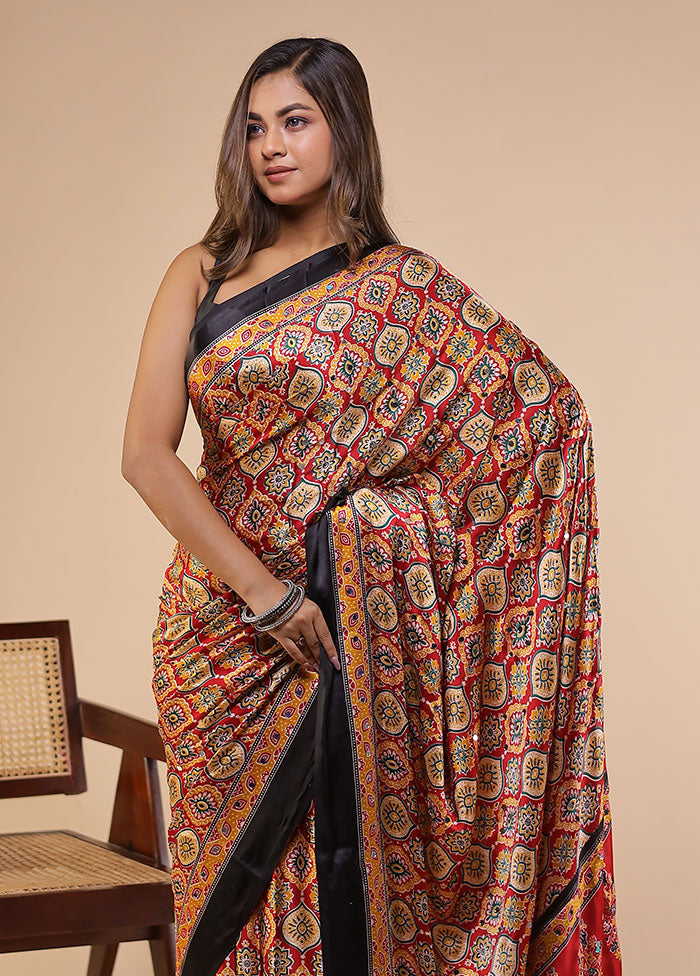 Red Printed Silk Saree Without Blouse Piece