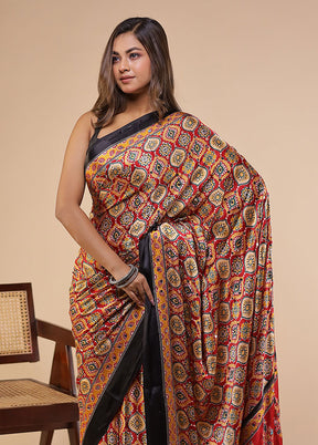 Red Printed Silk Saree Without Blouse Piece