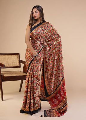 Red Printed Silk Saree Without Blouse Piece