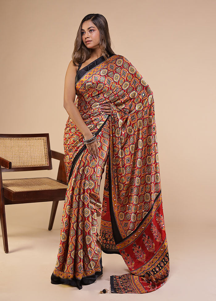 Red Printed Silk Saree Without Blouse Piece