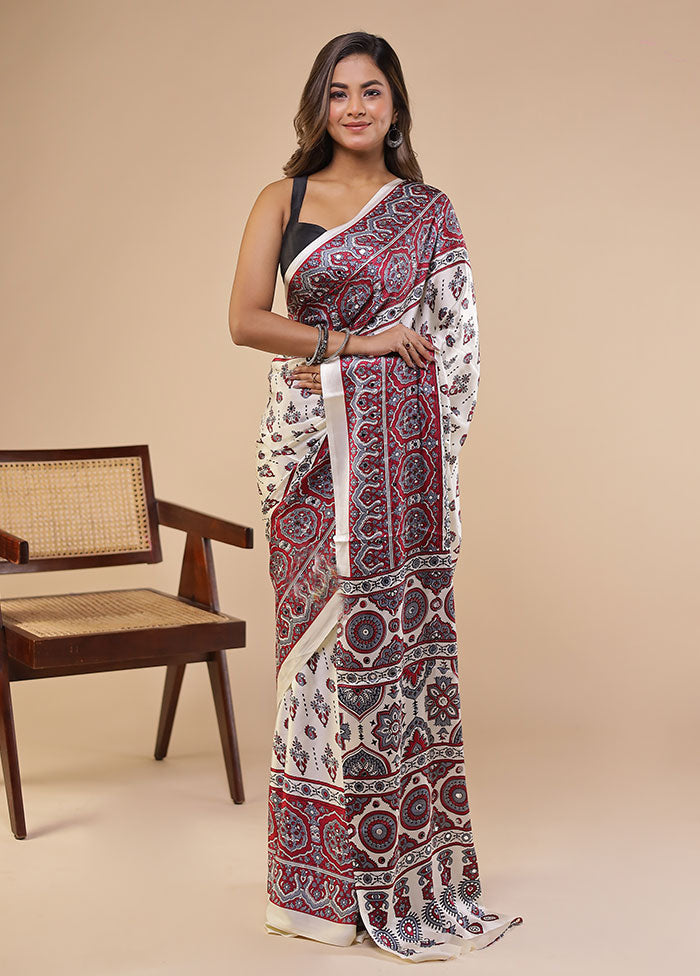 Cream Modal Silk Saree Without Blouse Piece