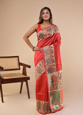 Red Tussar Silk Saree With Blouse Piece