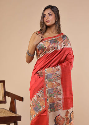 Red Tussar Silk Saree With Blouse Piece