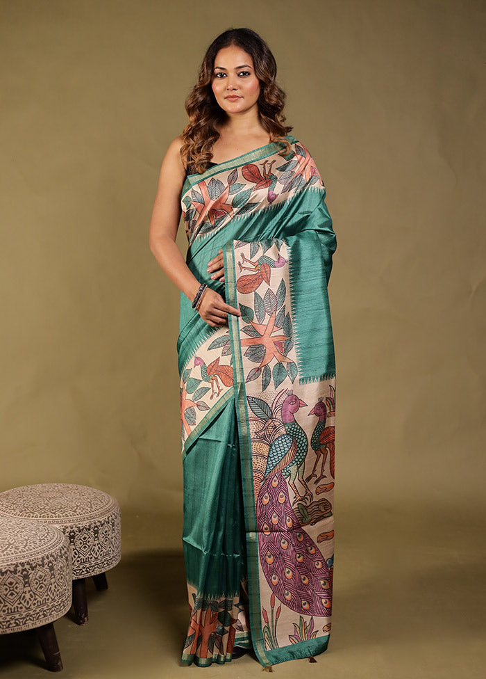 Green Tussar Silk Saree With Blouse Piece