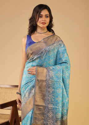 Blue Handloom Tissue Pure Silk Saree With Blouse Piece