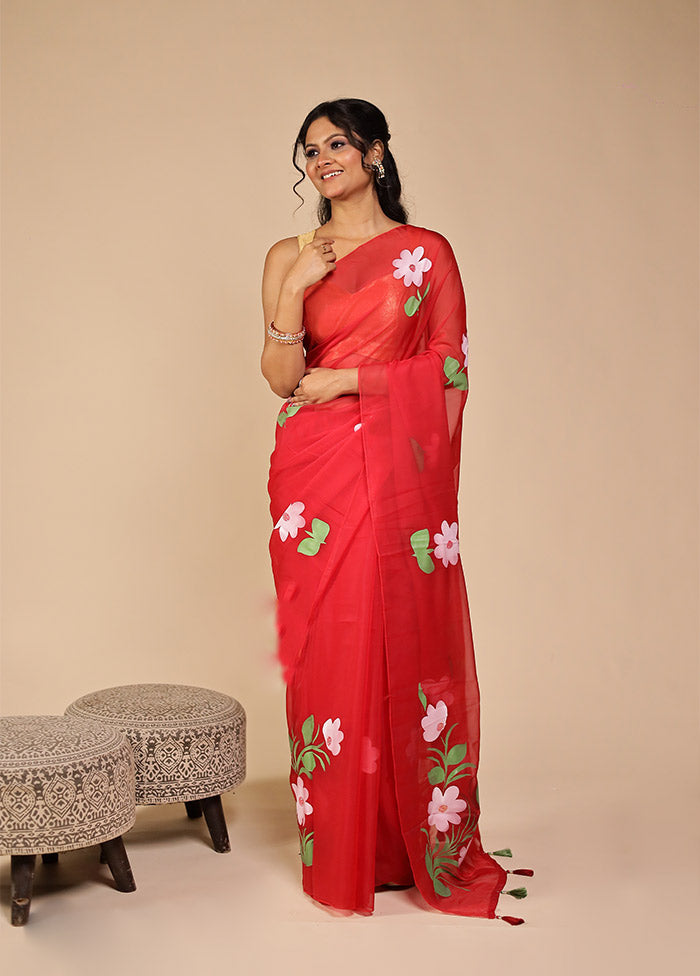Red Organza Saree With Blouse Piece