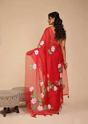 Red Organza Saree With Blouse Piece