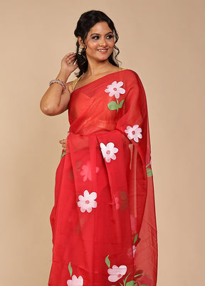 Red Organza Saree With Blouse Piece