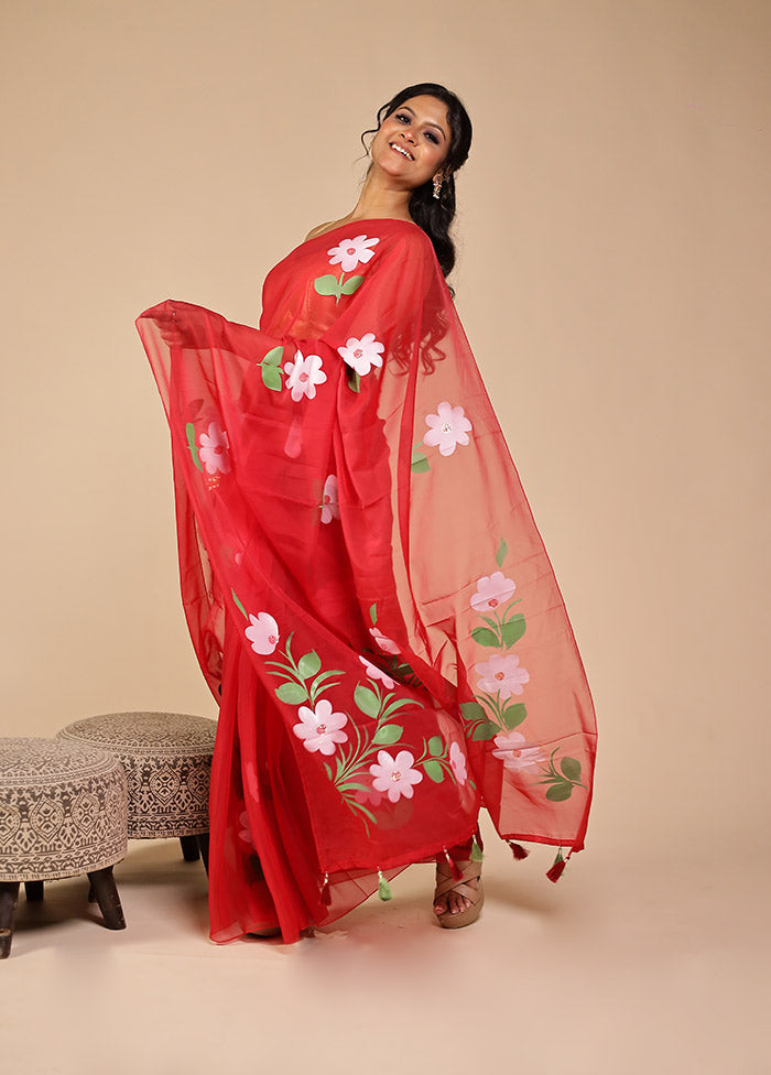 Red Organza Saree With Blouse Piece