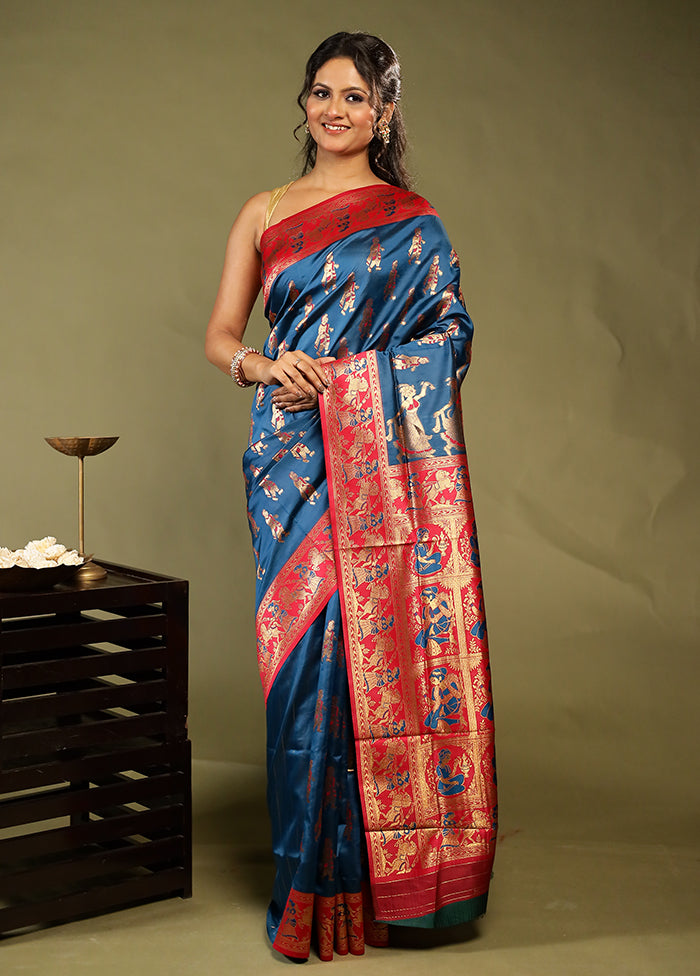 Blue Baluchari Silk Saree With Blouse Piece