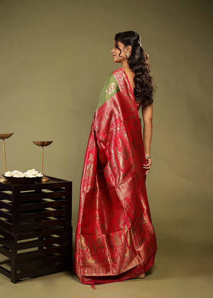 Green Baluchari Silk Saree With Blouse Piece