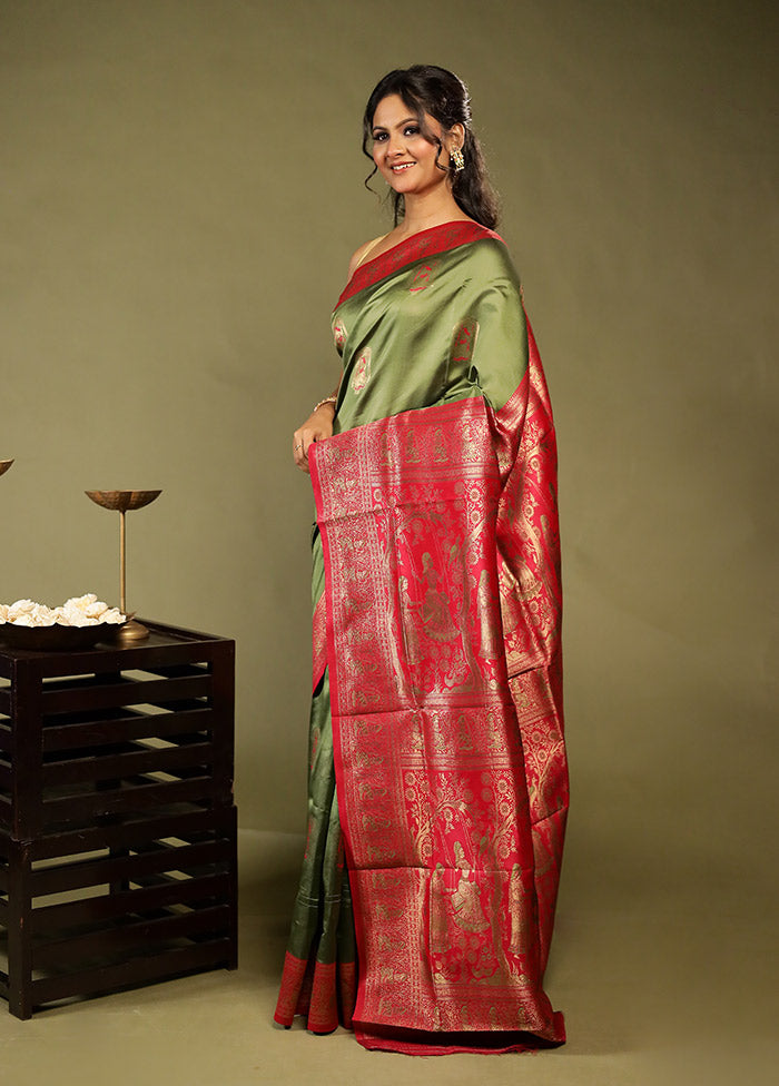 Green Baluchari Silk Saree With Blouse Piece