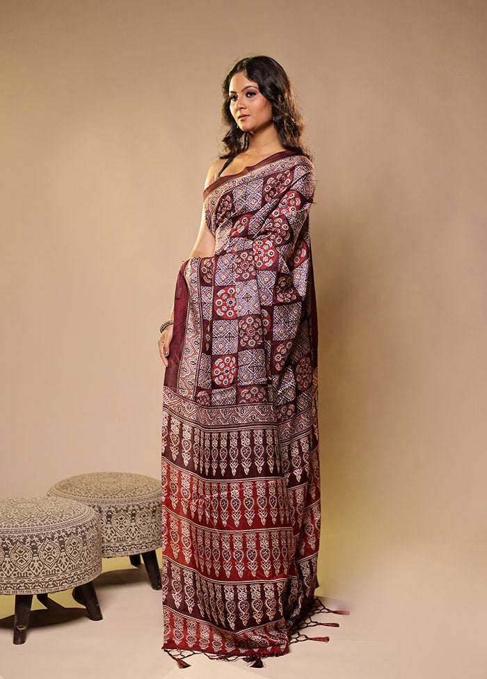 Maroon Printed Silk Saree Without Blouse Piece
