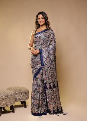 Blue Printed Silk Saree Without Blouse Piece